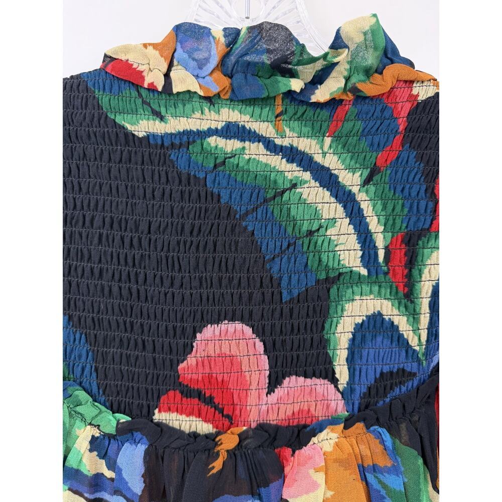Farm Rio Women's Abstract Multicolor Ruffle Collared Smocked Blouse Size XS - Picture 11 of 11